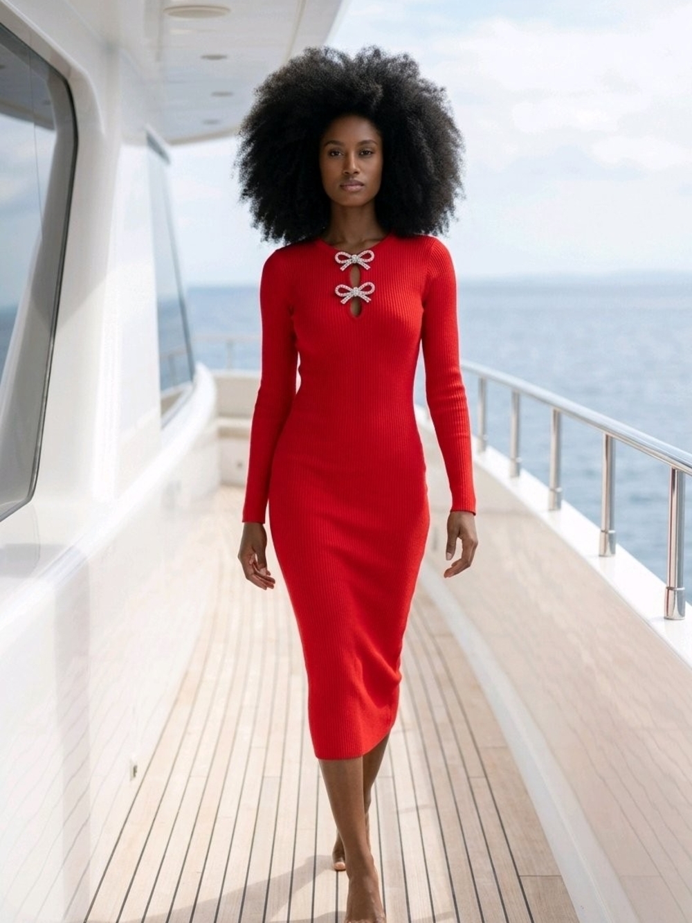 Madden Girl Red Ribbed Long-Sleeve Midi Dress with Bow Details